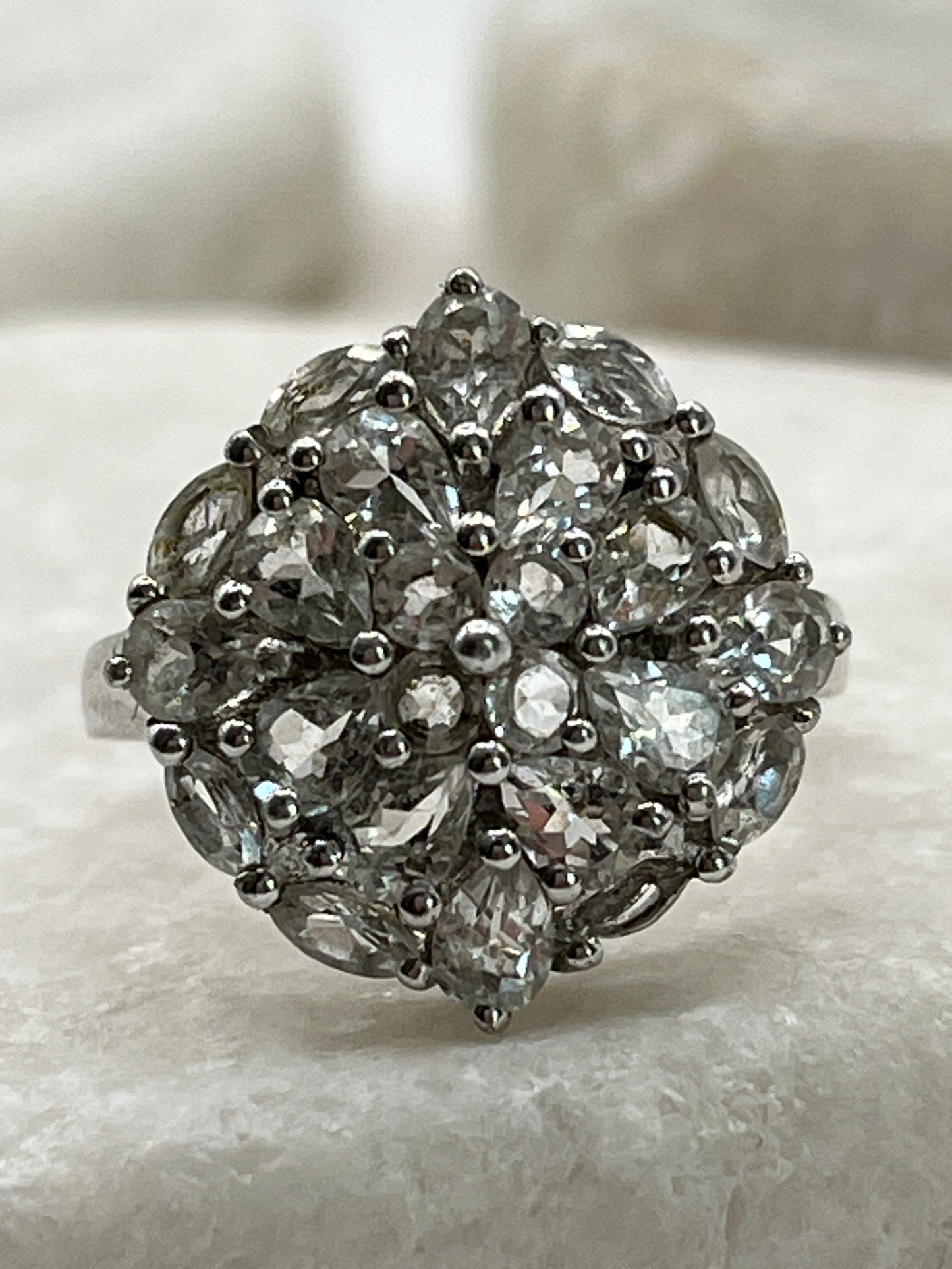 925 Sterling Silver Beryl Flower Cluster Ring - Size O