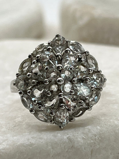 925 Sterling Silver Beryl Flower Cluster Ring - Size O