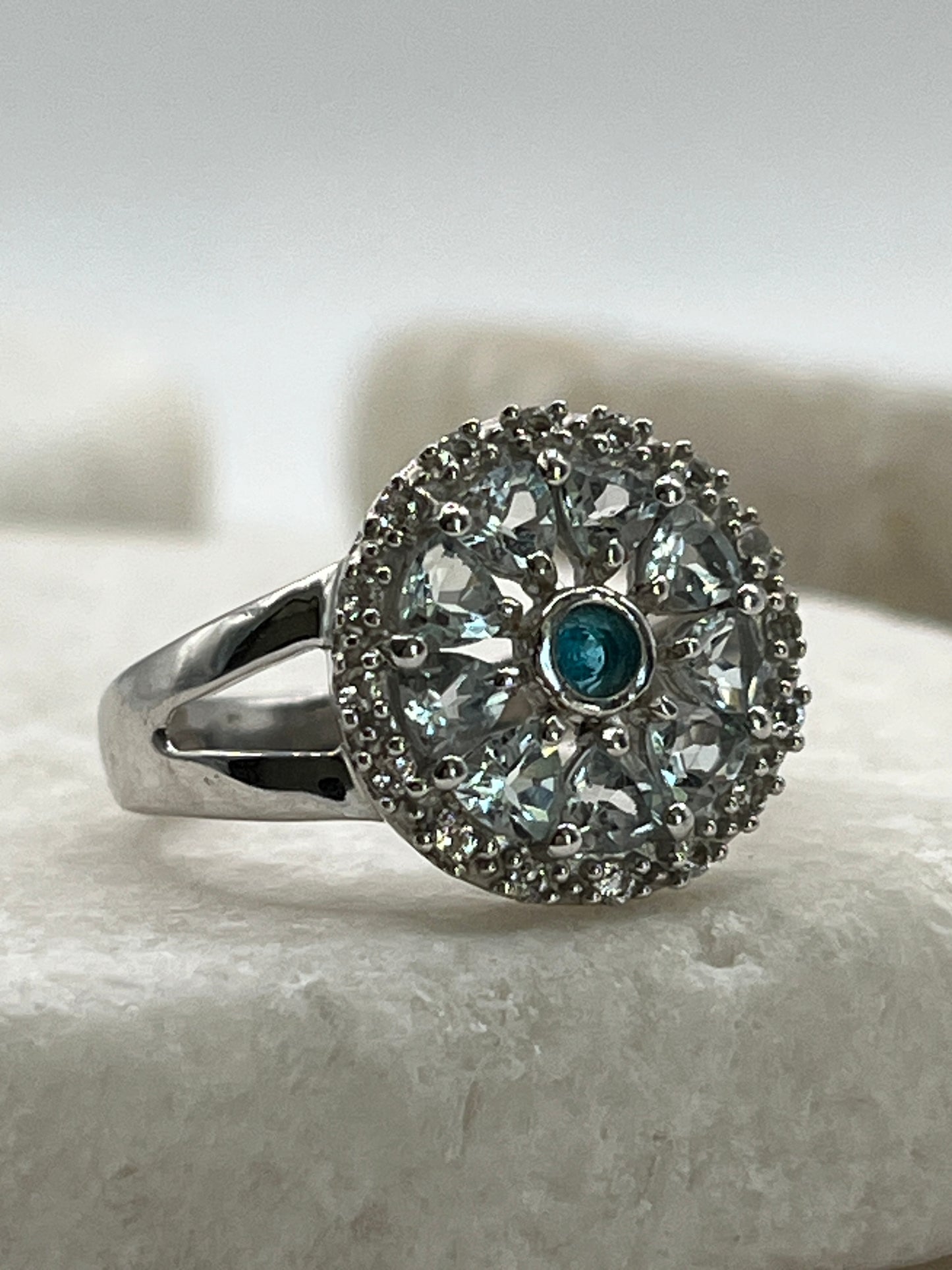 925 Sterling Silver Aquamarine White Zircon And Blue Topaz Ring - Size M