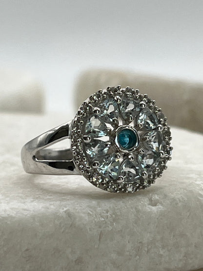 925 Sterling Silver Aquamarine White Zircon And Blue Topaz Ring - Size M
