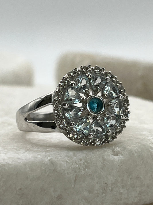 Angled view 925 Sterling Silver Aquamarine, White Zircon and Blue Topaz Ring — Size M | Genuine Gemstone Ring