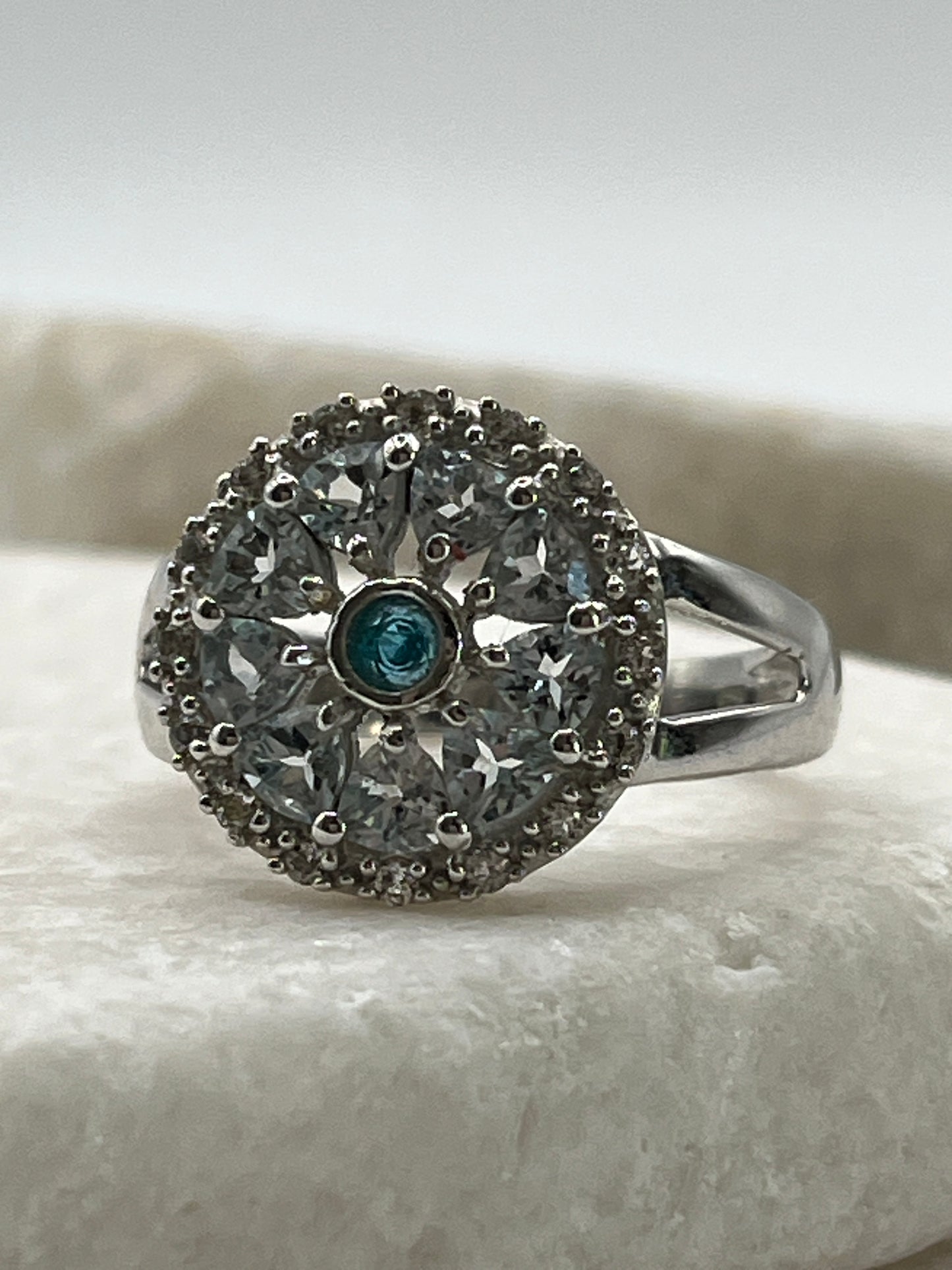 925 Sterling Silver Aquamarine White Zircon And Blue Topaz Ring - Size M