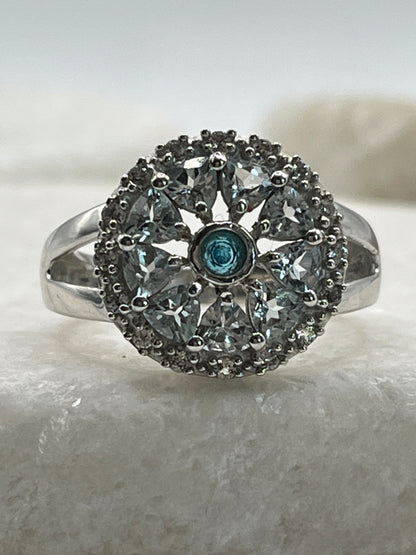 925 Sterling Silver Aquamarine White Zircon And Blue Topaz Ring - Size M