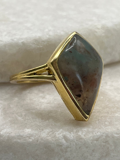 925 Sterling Silver Gilded Moss Agate Bezel Set Kite Ring - Size K