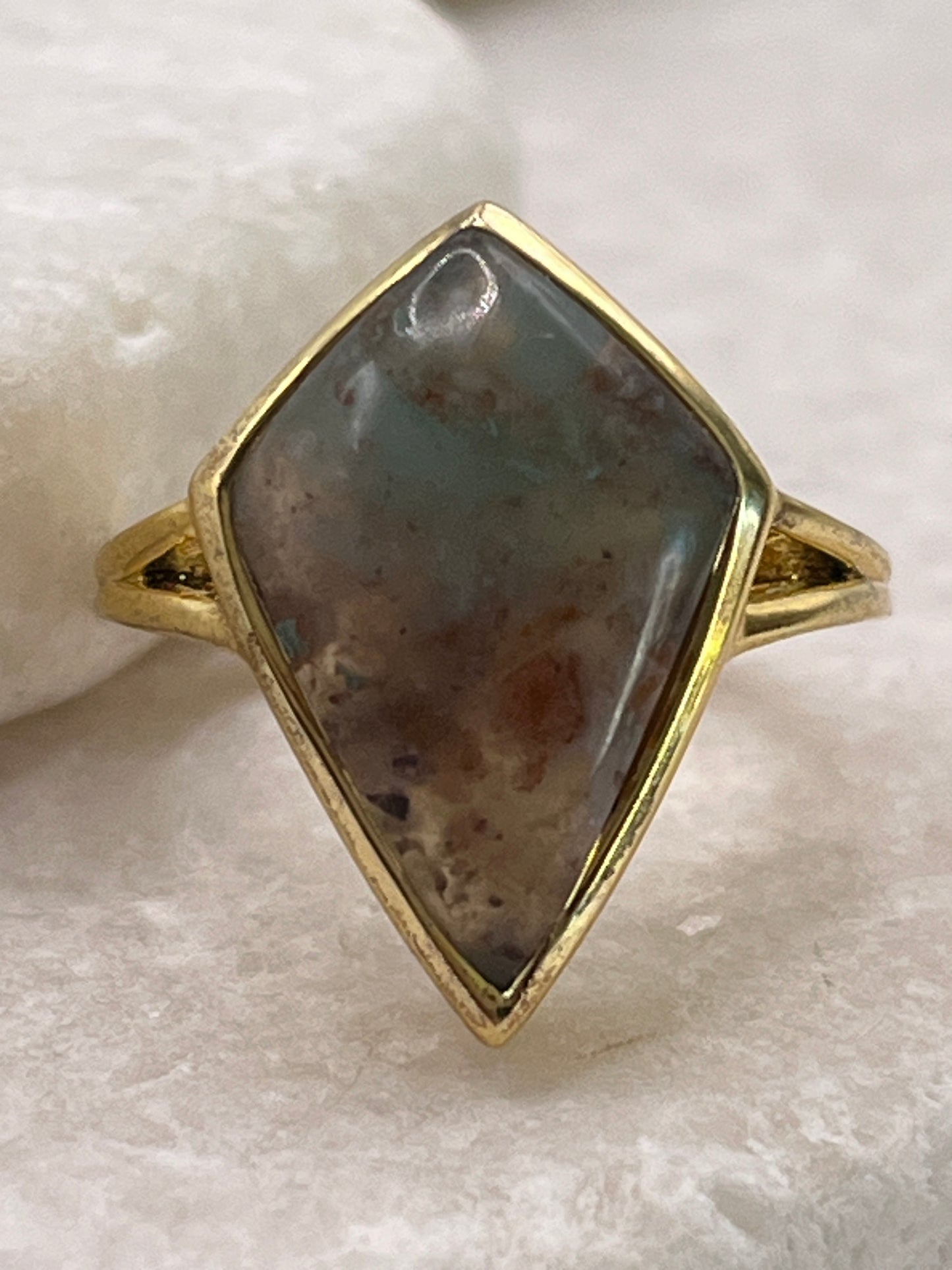 925 Sterling Silver Gilded Moss Agate Bezel Set Kite Ring - Size K