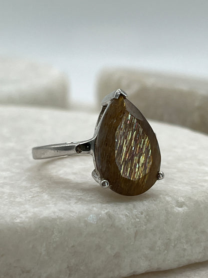 925 Sterling Silver Rutile Quartz Teardrop Ring - Size M