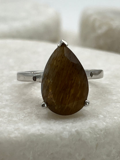 925 Sterling Silver Rutile Quartz Teardrop Ring - Size M