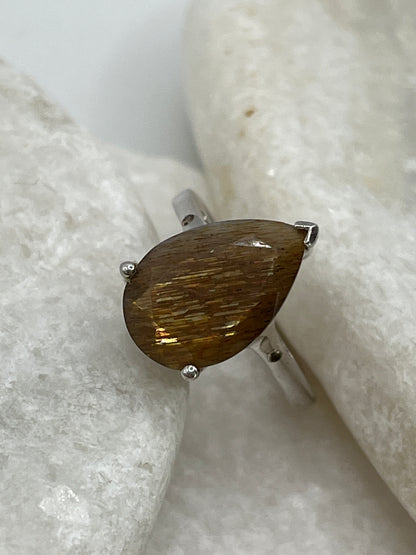 925 Sterling Silver Rutile Quartz Teardrop Ring - Size M