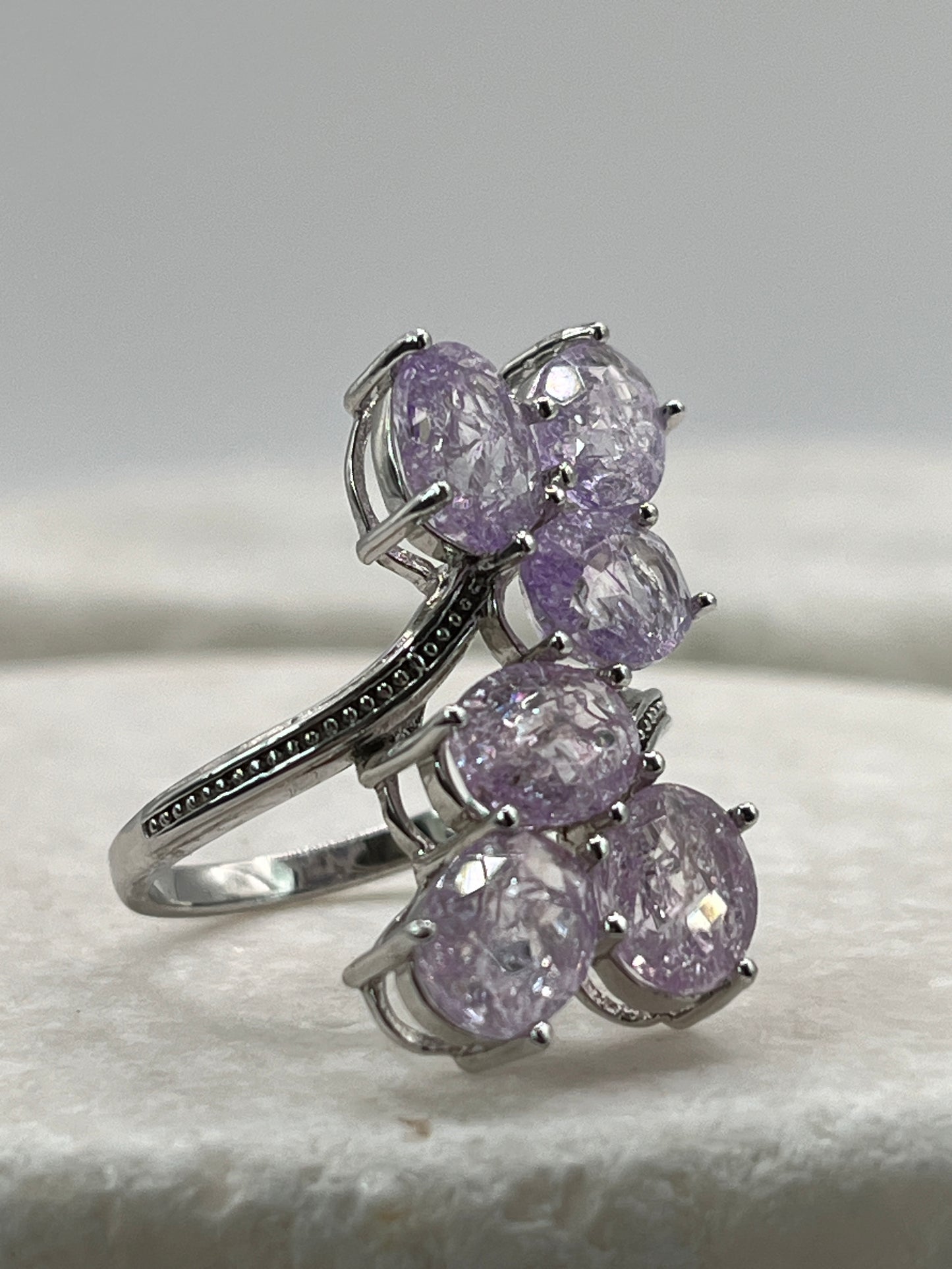 925 Sterling Silver Lilac Crackled Quartz Four Stone Cluster Ring - Size Q