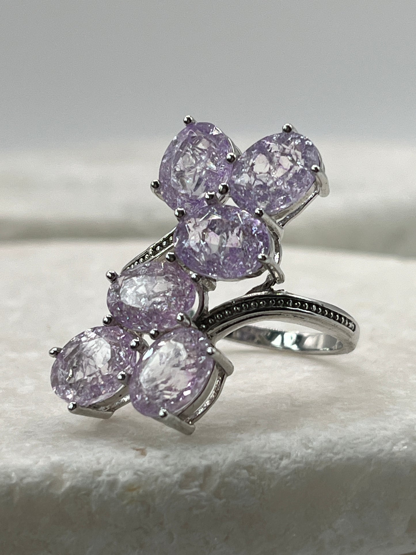 925 Sterling Silver Lilac Crackled Quartz Four Stone Cluster Ring - Size Q