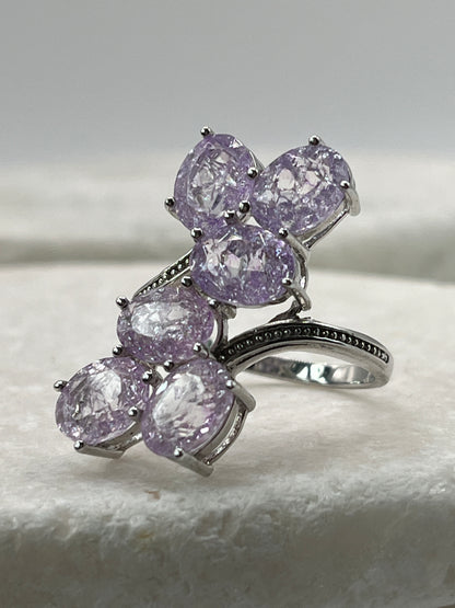 925 Sterling Silver Lilac Crackled Quartz Four Stone Cluster Ring - Size Q