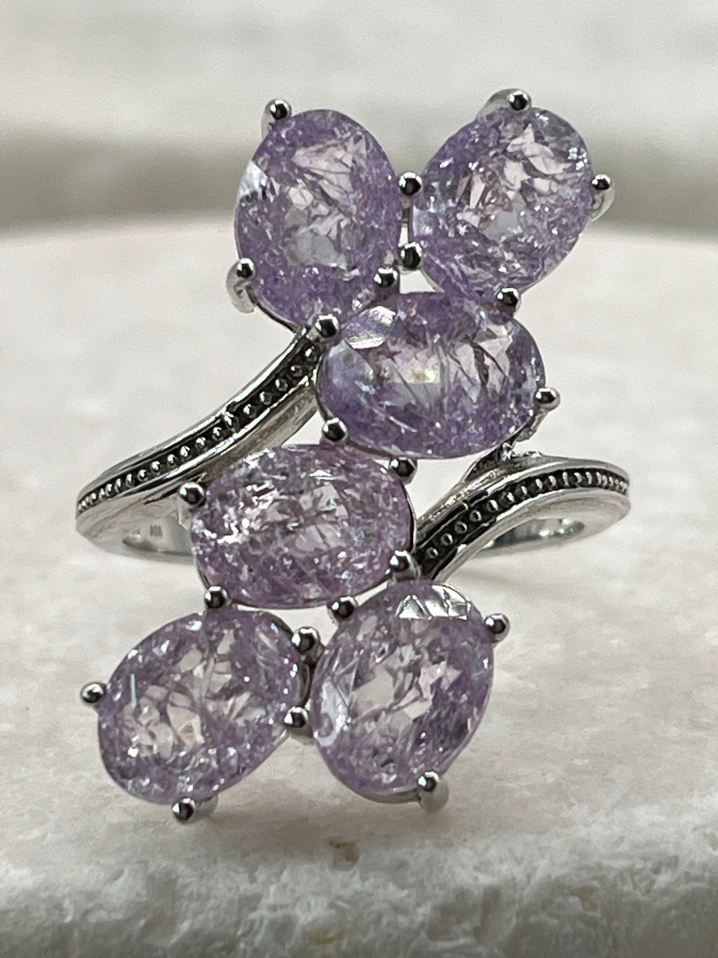 925 Sterling Silver Lilac Crackled Quartz Four Stone Cluster Ring - Size Q