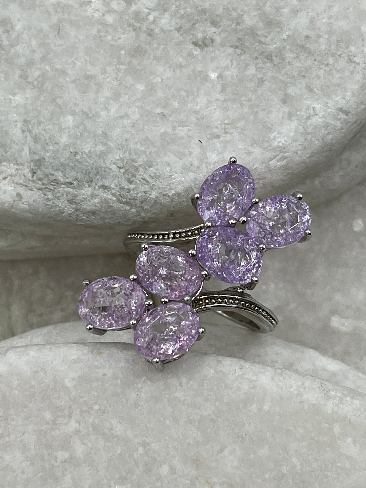 925 Sterling Silver Lilac Crackled Quartz Four Stone Cluster Ring - Size Q