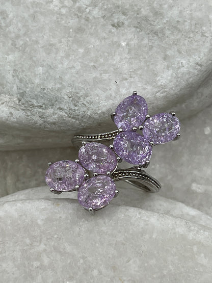 925 Sterling Silver Lilac Crackled Quartz Four Stone Cluster Ring - Size Q
