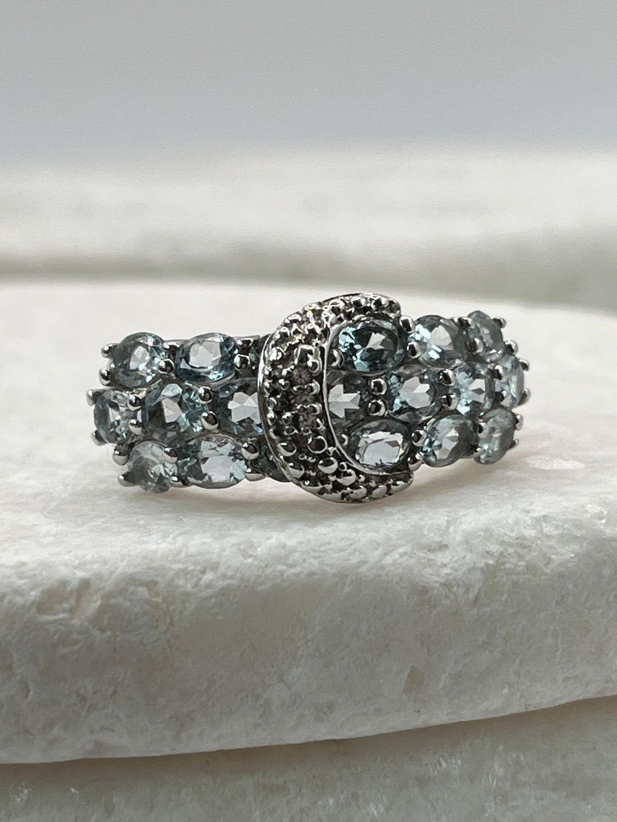925 Sterling Silver Aquamarine and Diamond Buckle Ring - Size Q