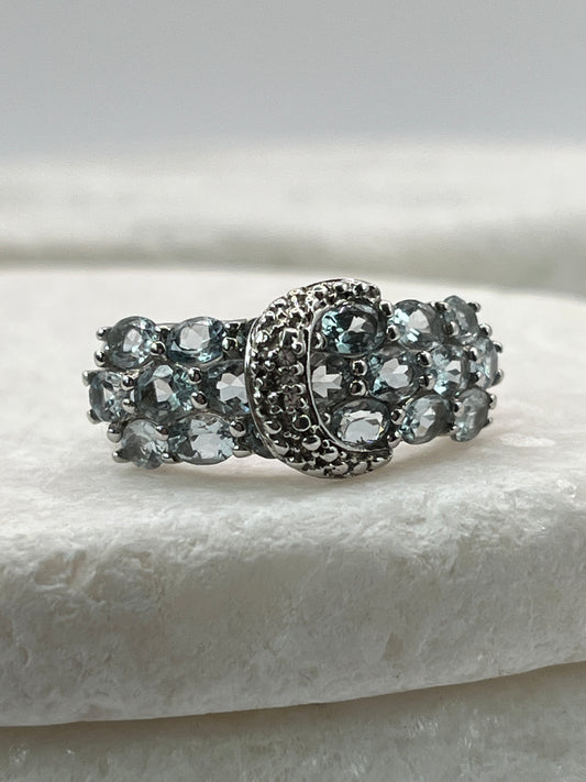 925 Sterling Silver Aquamarine and Diamond Buckle Ring - Size Q