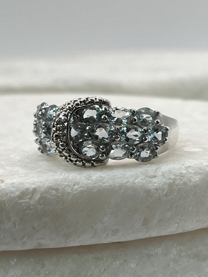 925 Sterling Silver Aquamarine and Diamond Buckle Ring - Size Q