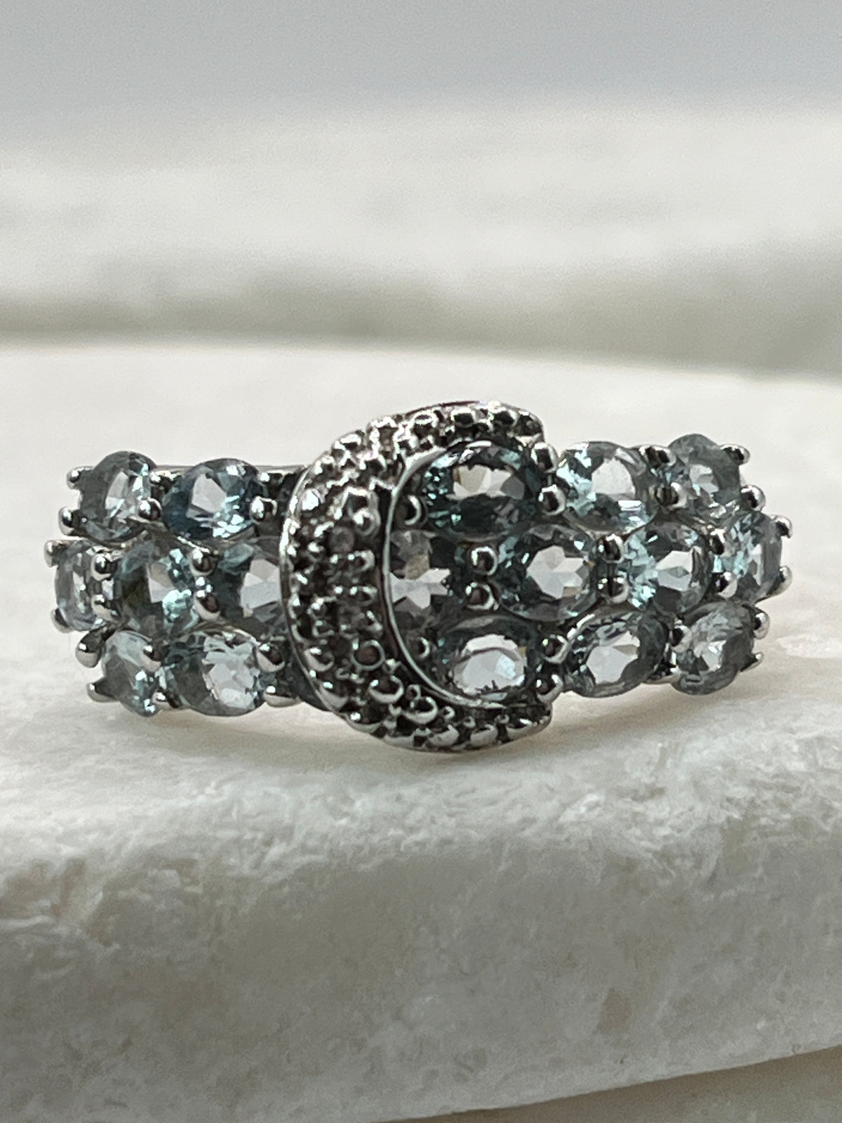 925 Sterling Silver Aquamarine and Diamond Buckle Ring - Size Q