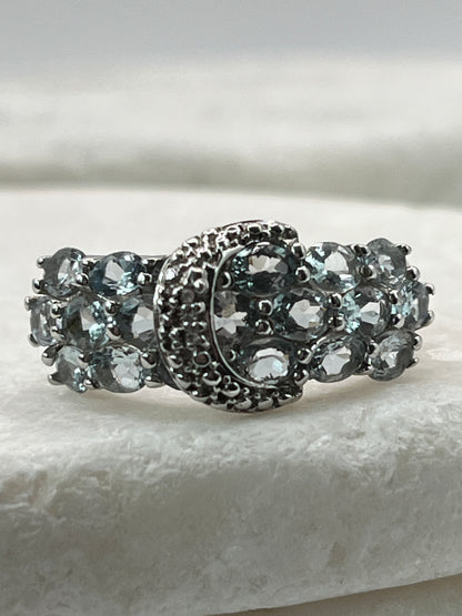925 Sterling Silver Aquamarine and Diamond Buckle Ring - Size Q