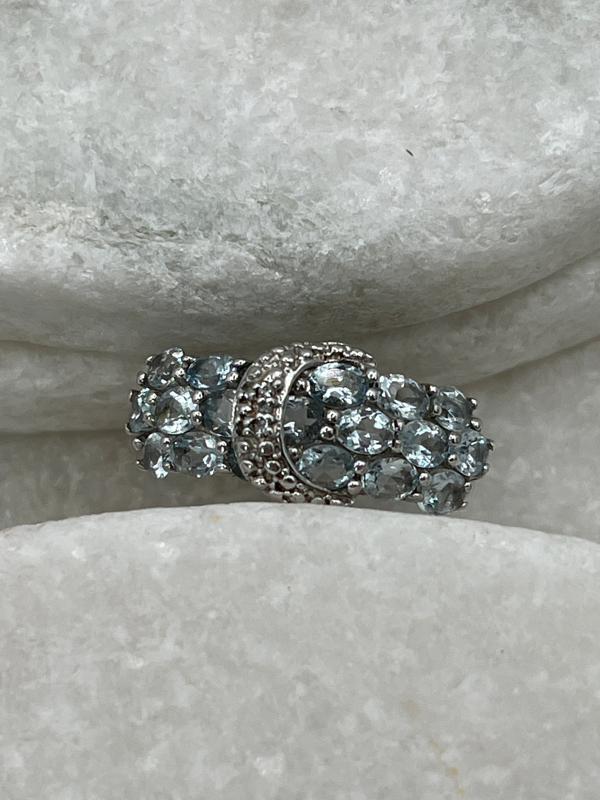 925 Sterling Silver Aquamarine and Diamond Buckle Ring - Size Q