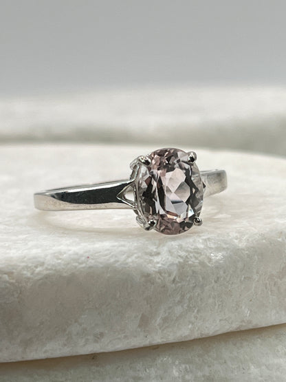 925 Sterling Silver Pale Pink Morganite Faceted Solitaire Ring - Size S