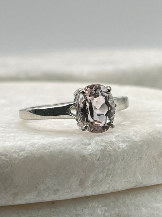 925 Sterling Silver Pale Pink Morganite Faceted Solitaire Ring - Size S