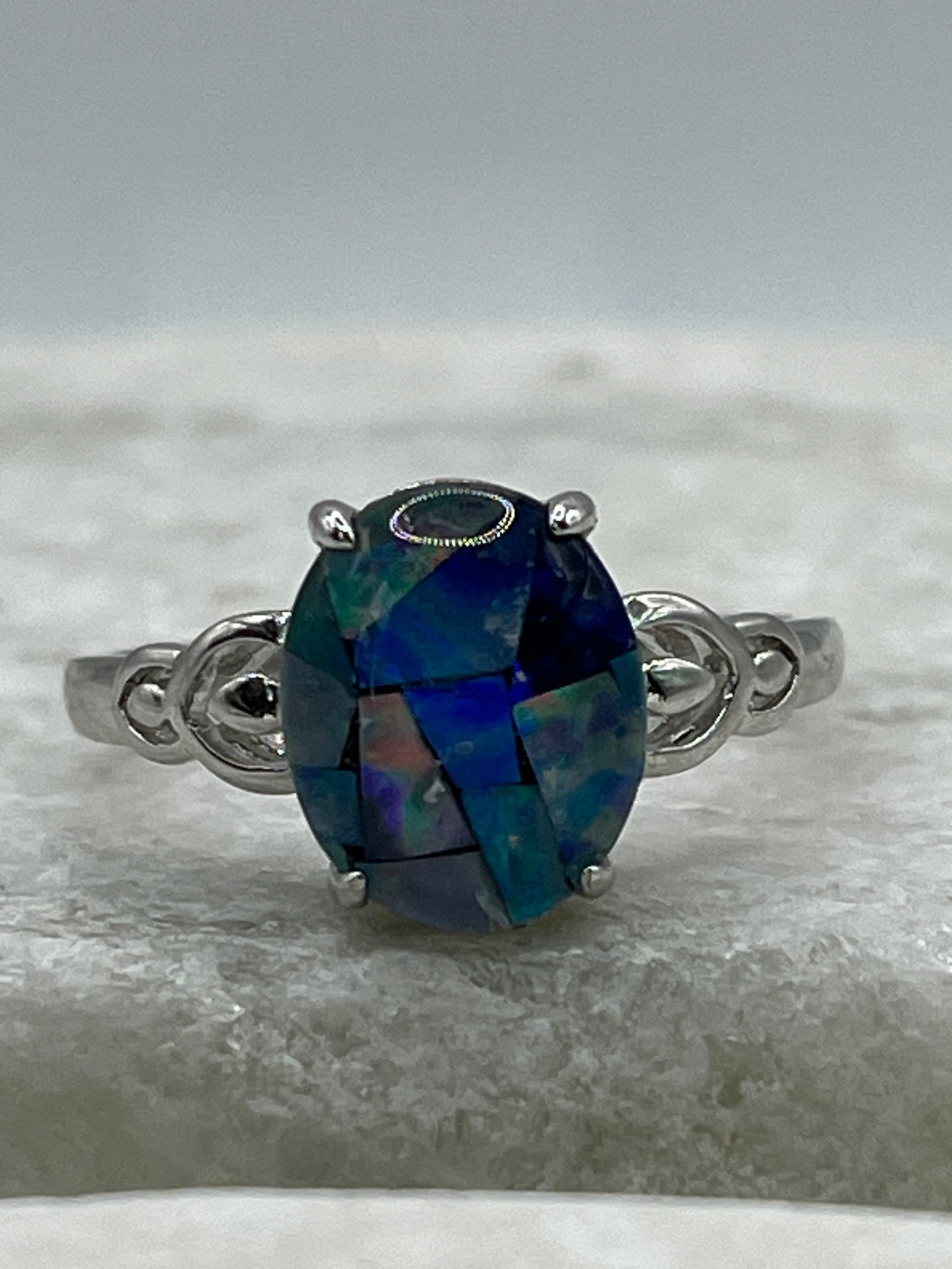 925 Sterling Silver Mosaic Opal Solitaire Ring - Size P