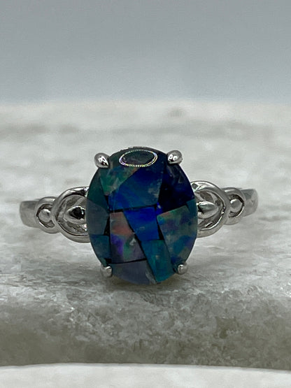 925 Sterling Silver Mosaic Opal Solitaire Ring - Size P