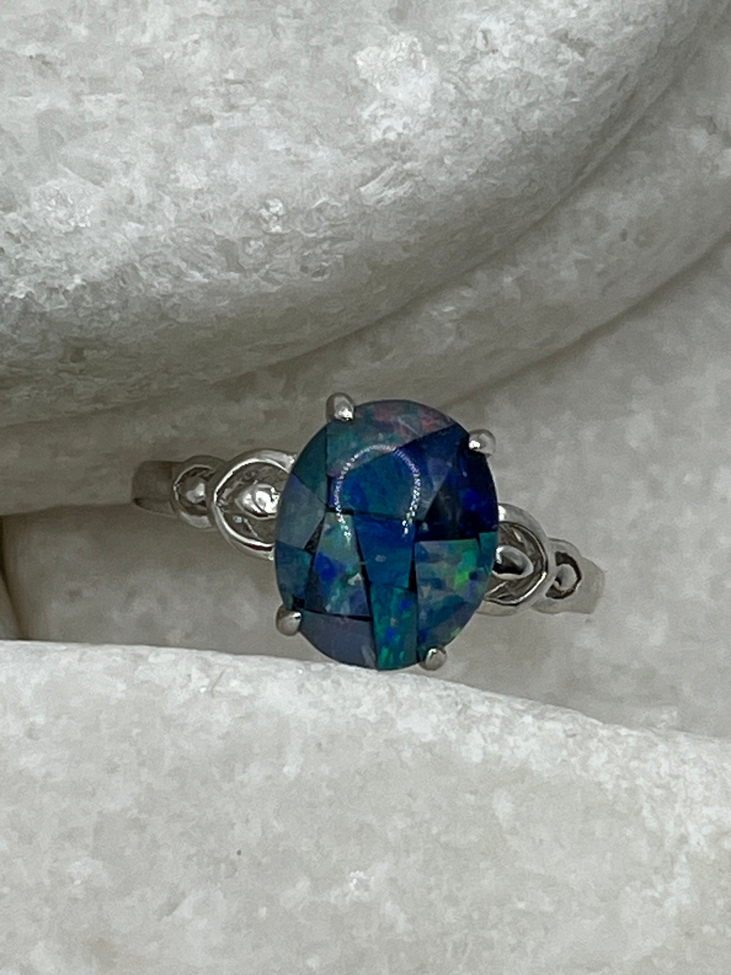 925 Sterling Silver Mosaic Opal Solitaire Ring - Size P
