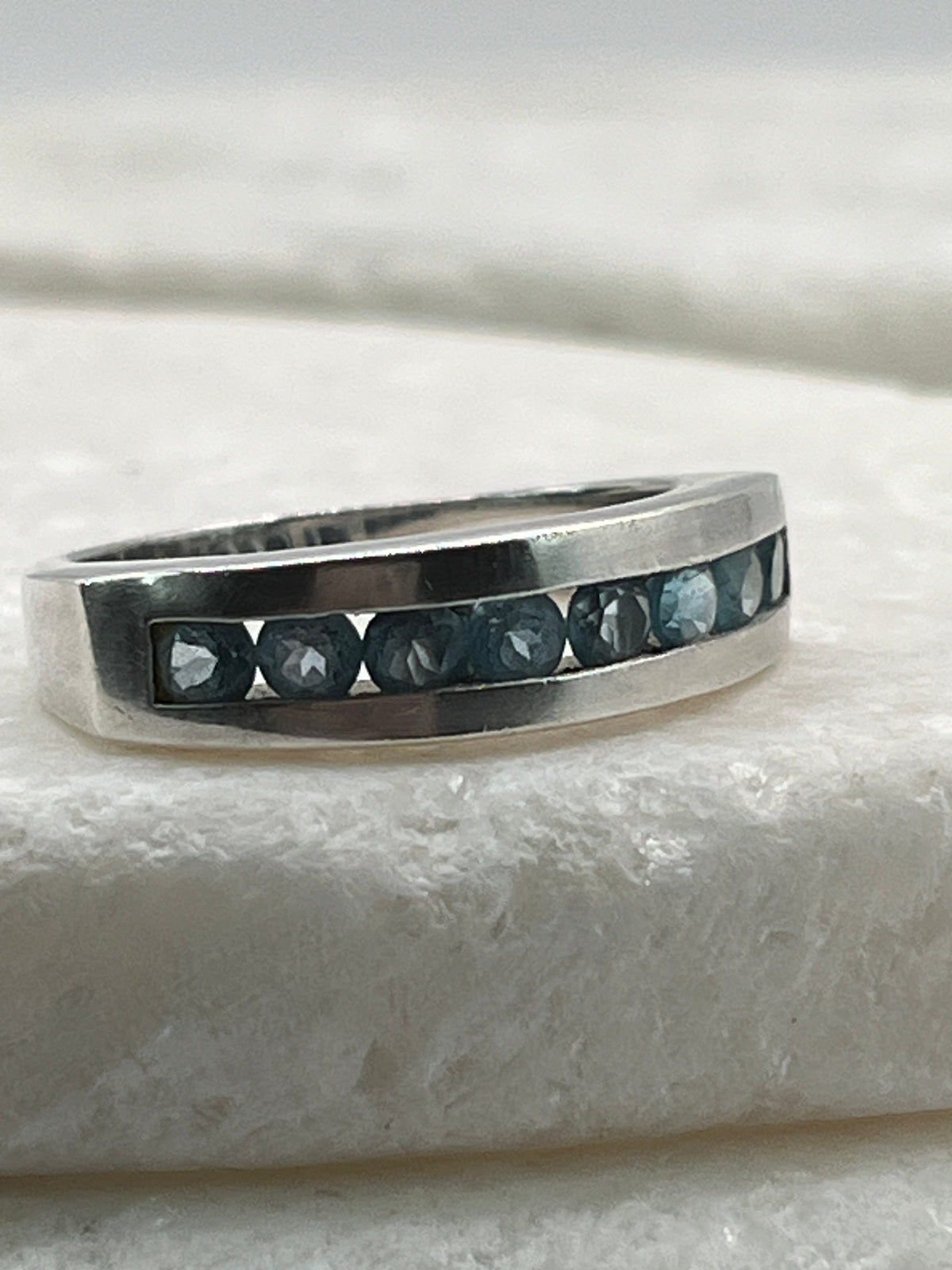 925 Sterling Silver Swiss Blue Topaz Half Eternity Band Ring - Size P.5