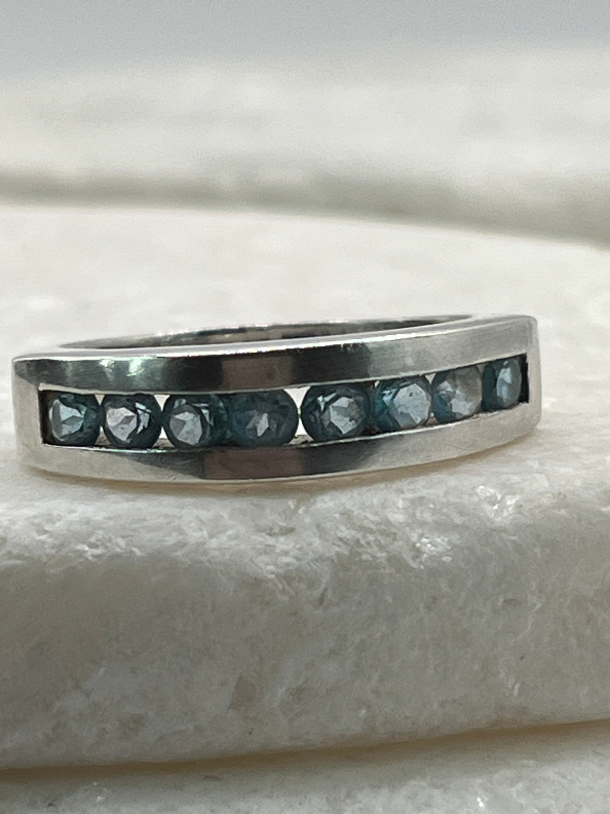 925 Sterling Silver Swiss Blue Topaz Half Eternity Band Ring - Size P.5
