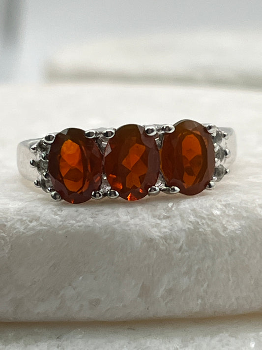 925 Sterling Silver Fire Opal & Diamond Trilogy Ring - Size Q