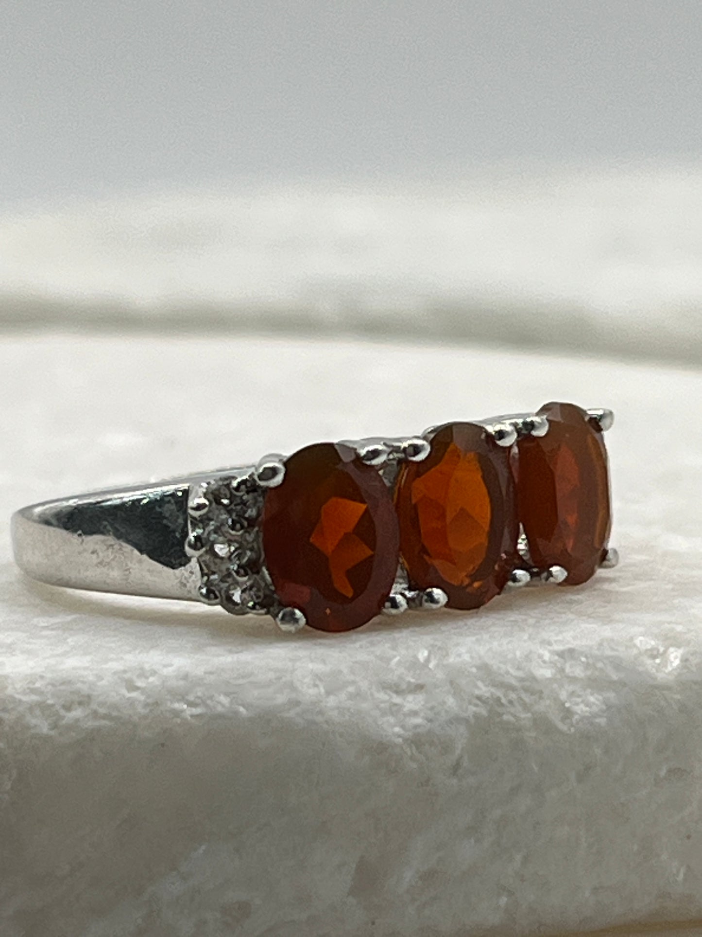 925 Sterling Silver Fire Opal & Diamond Trilogy Ring - Size Q
