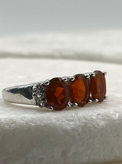 925 Sterling Silver Fire Opal & Diamond Trilogy Ring - Size Q