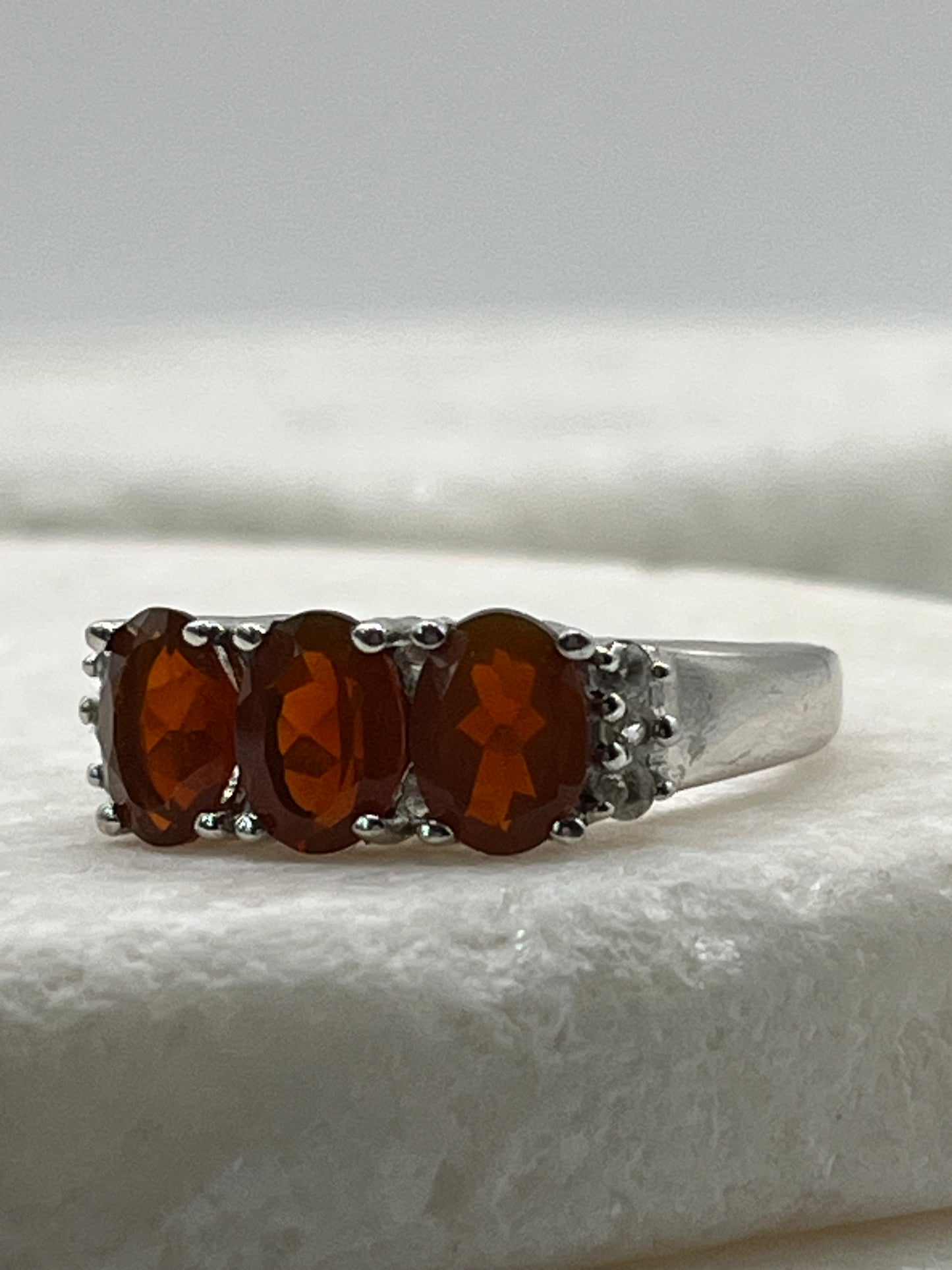 925 Sterling Silver Fire Opal & Diamond Trilogy Ring - Size Q