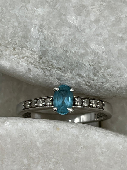 925 Sterling Silver Swiss Blue Topaz & White Topaz Ring - Size Q