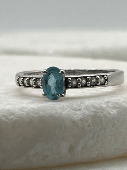 925 Sterling Silver Swiss Blue Topaz & White Topaz Ring - Size Q