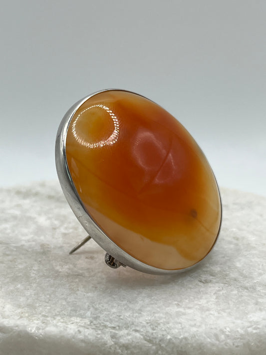 Genuine Vintage 925 Sterling Silver Carnelian Cabochon Brooch