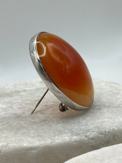 Genuine Vintage 925 Sterling Silver Carnelian Cabochon Brooch