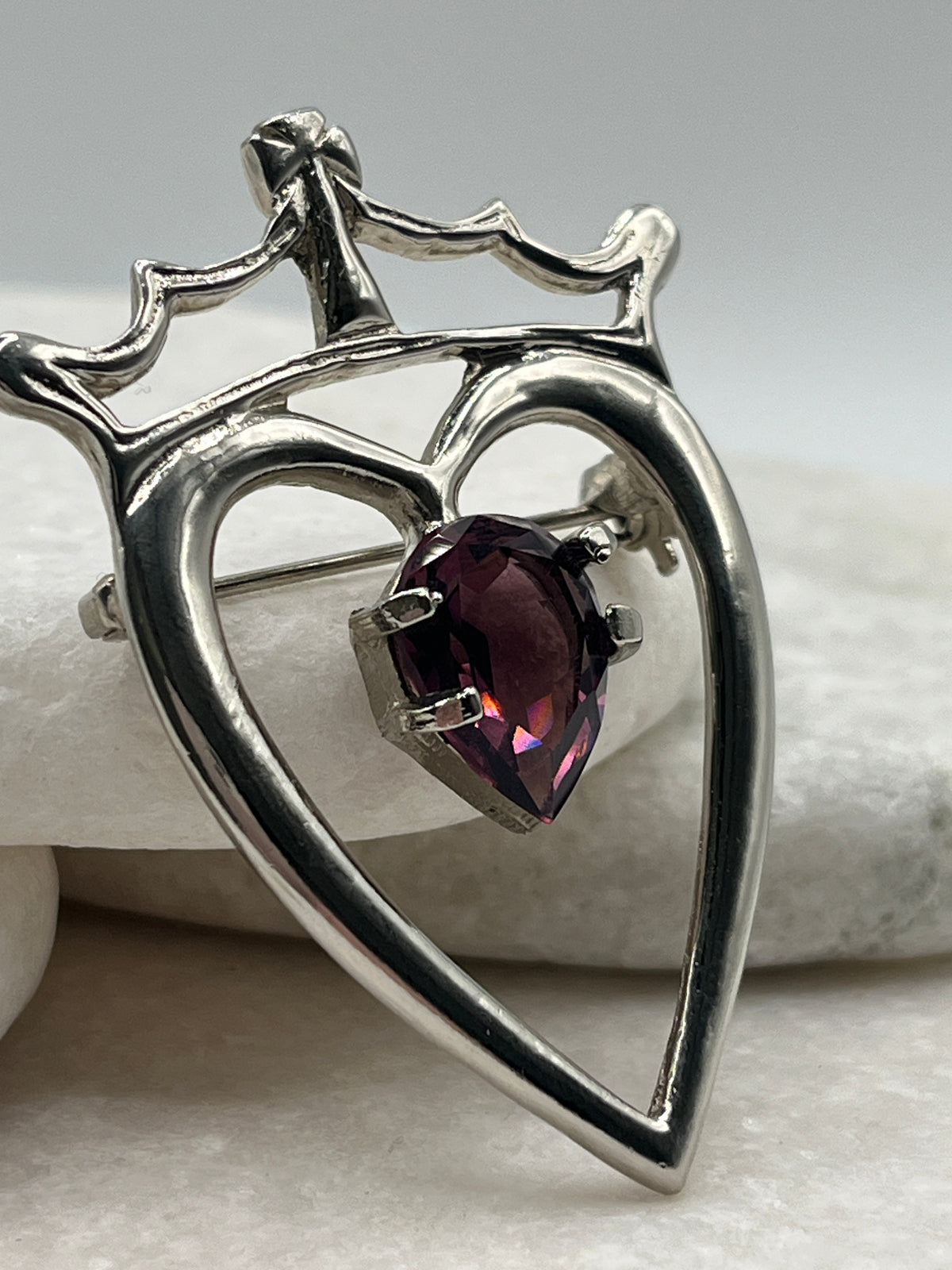 Vintage Scottish Luckenbooth, Love & Loyalty Amethyst Heart Brooch with Crown