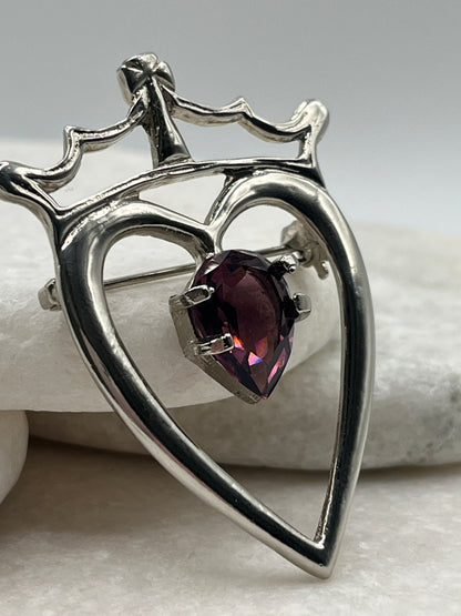 Vintage Scottish Luckenbooth, Love & Loyalty Amethyst Heart Brooch with Crown
