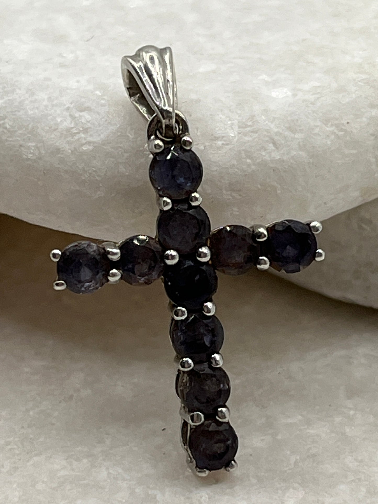 925 Sterling Silver Iolite Gemstone Cross Pendant on 45cm Chain