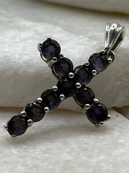 925 Sterling Silver Iolite Gemstone Cross Pendant on 45cm Chain