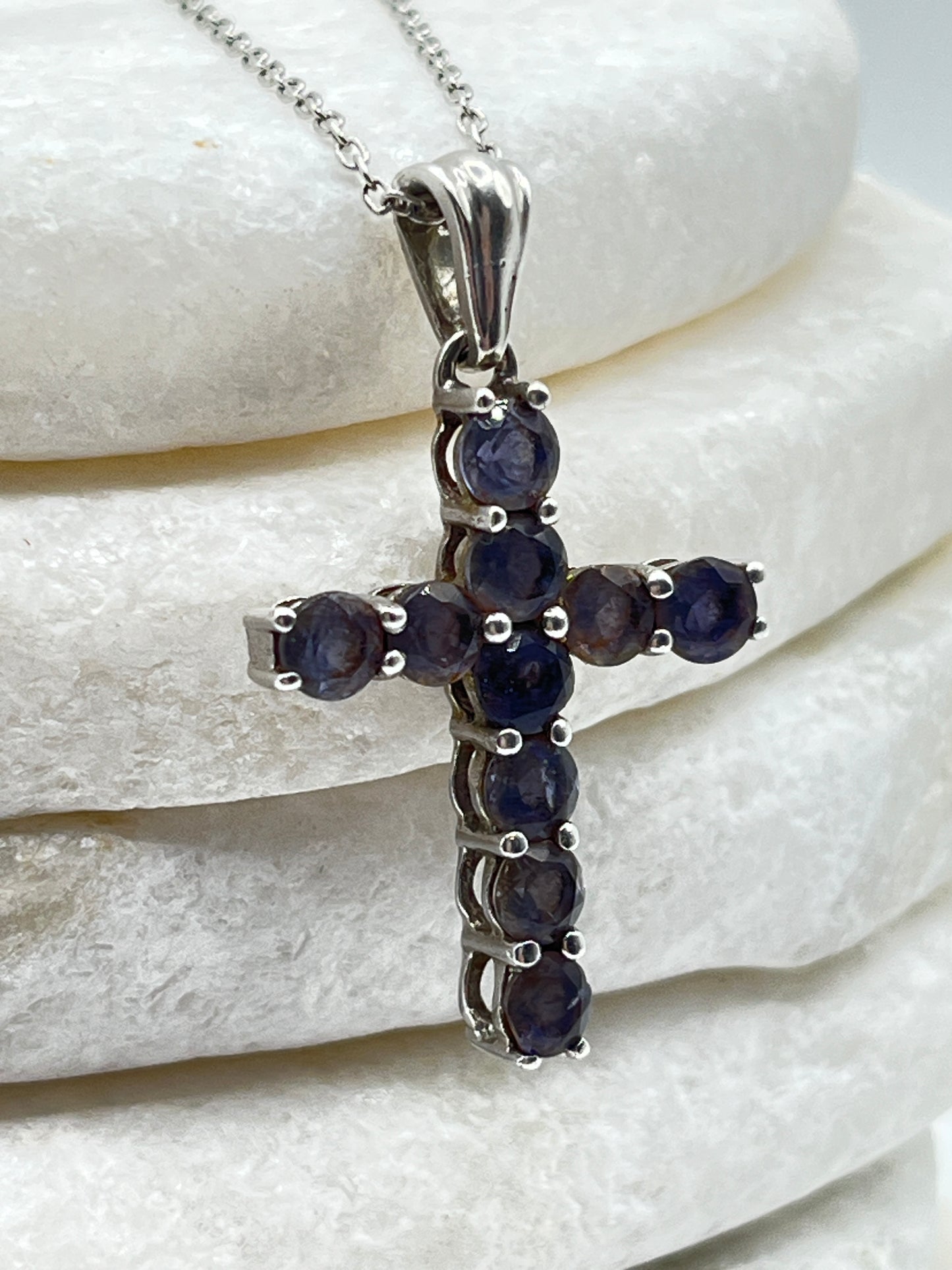 925 Sterling Silver Iolite Gemstone Cross Pendant on 45cm Chain