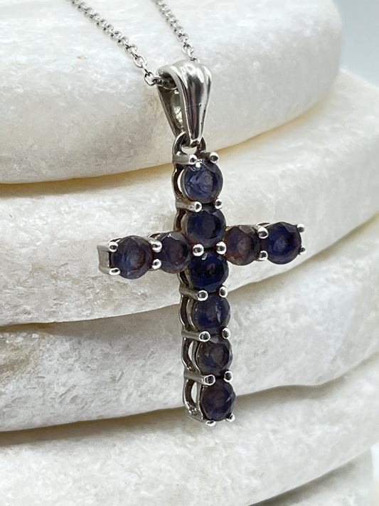 925 Sterling Silver Iolite Gemstone Cross Pendant on 45cm Chain