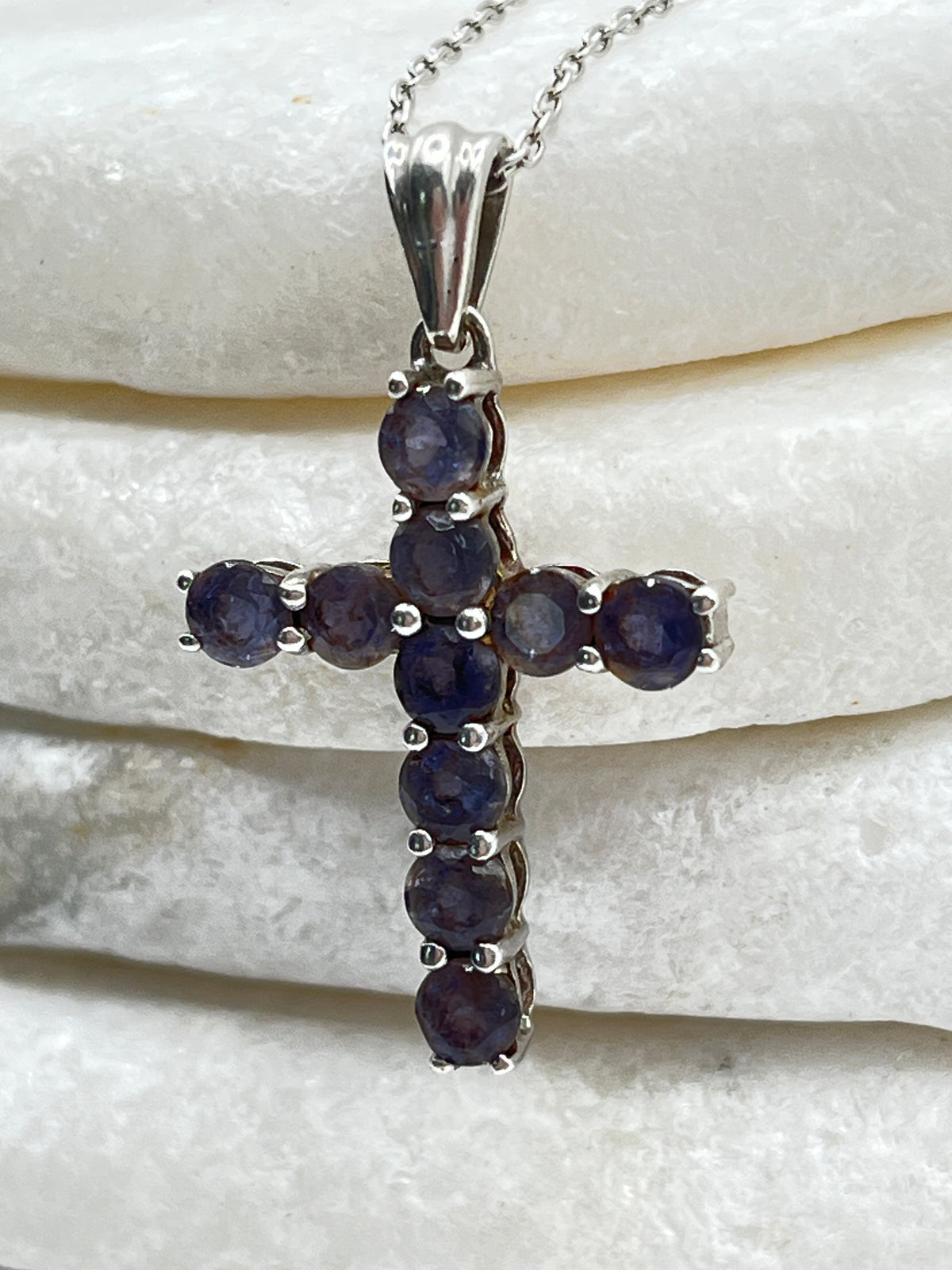 925 Sterling Silver Iolite Gemstone Cross Pendant on 45cm Chain