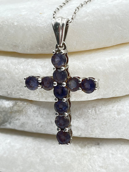 925 Sterling Silver Iolite Gemstone Cross Pendant on 45cm Chain