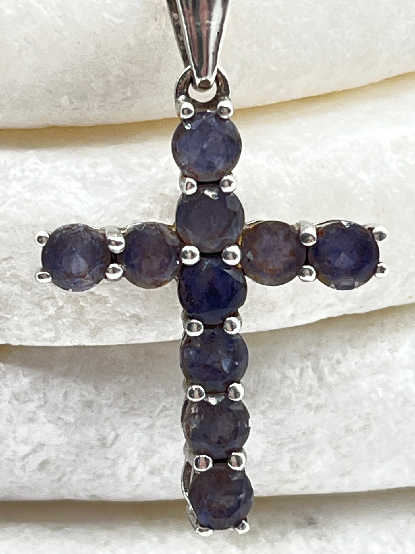 925 Sterling Silver Iolite Gemstone Cross Pendant on 45cm Chain