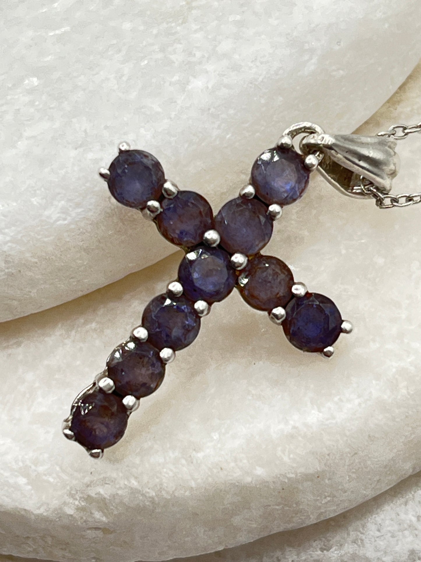 925 Sterling Silver Iolite Gemstone Cross Pendant on 45cm Chain