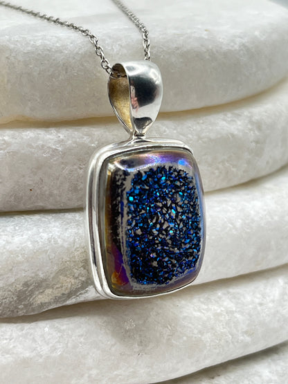 925 Sterling Silver Titanium Blue Drusy Pendant on 45cm Chain